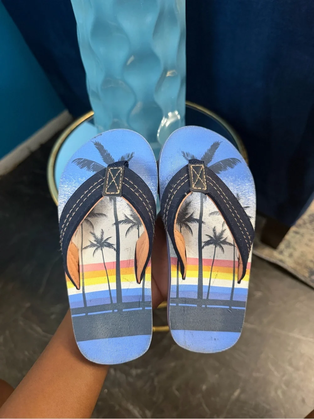 Kids Palm Tree Flip Flop Sandals - Blue with Sunset Stripes 11-12c